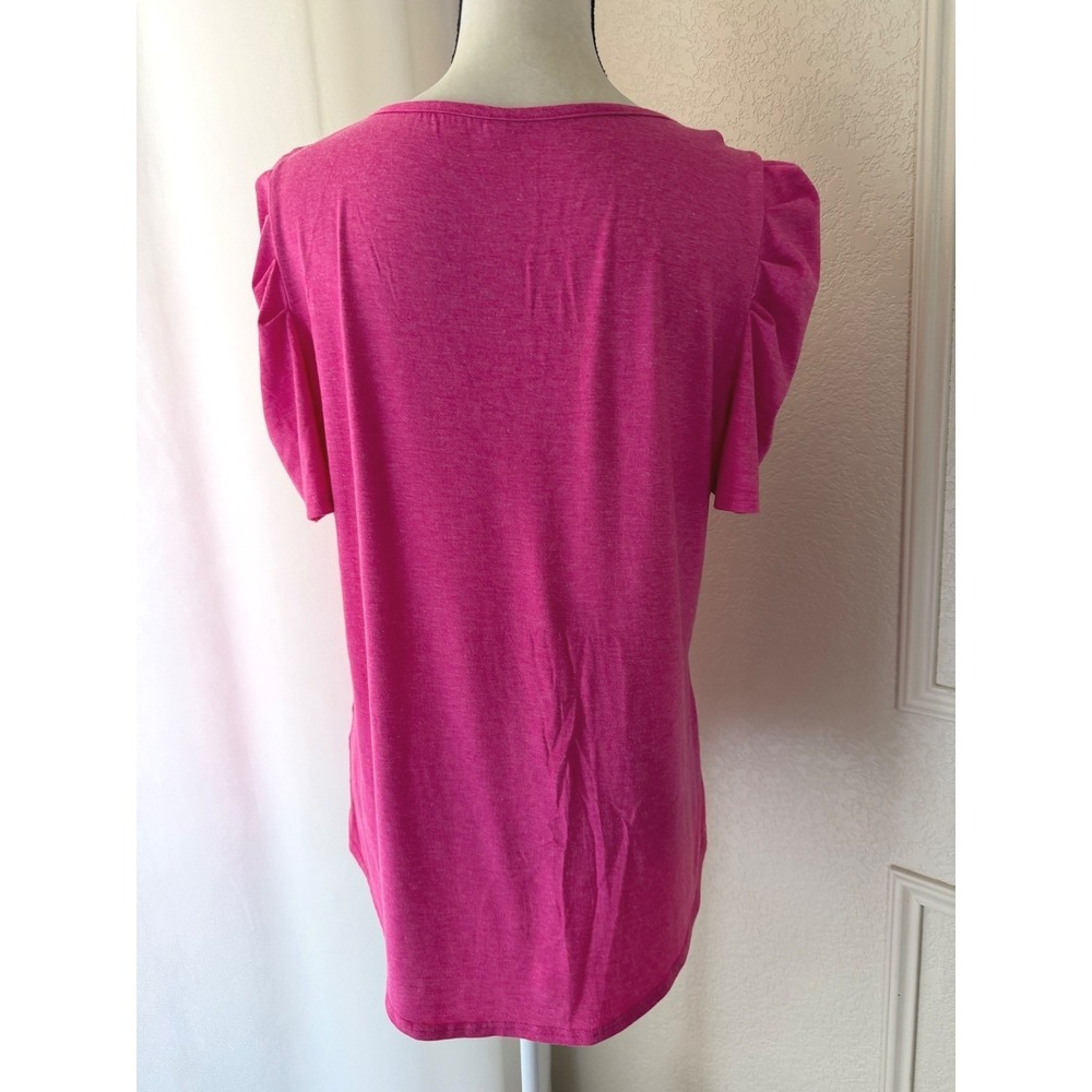 Pink Square Neck Puff Sleeve Top Heathered Pleated Short Sleeve Blouse Large - Picture 2 of 8